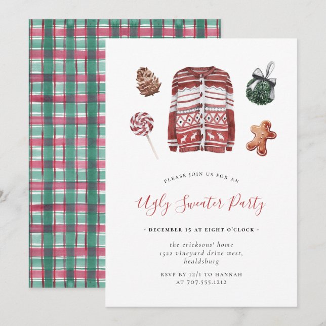 Invitation Doux moche fête de Noël aquarelle flanelle  (Devant / Derrière)