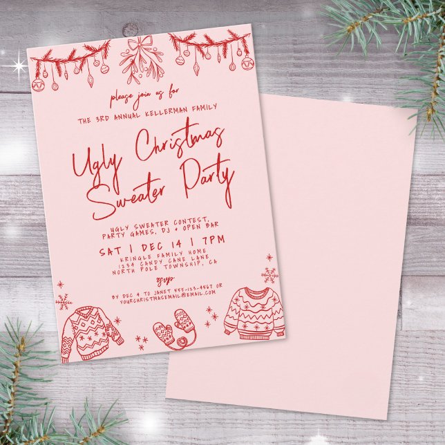 Invitation Doux moche main dessinée fête de Noël (Ugly Sweater Hand Drawn Christmas Party Invitation)