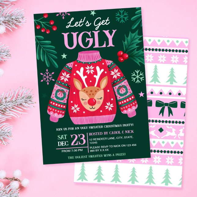 Invitation Doux moche Reindeer de Noël et Holly (Ugly Sweater Christmas Party Reindeer and Holly Invitation)