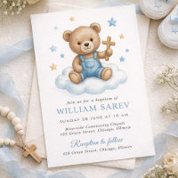 Doux ours en peluche baptême avec des étoiles bleu