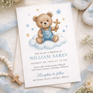 Invitation Doux ours en peluche baptême avec des étoiles bleu