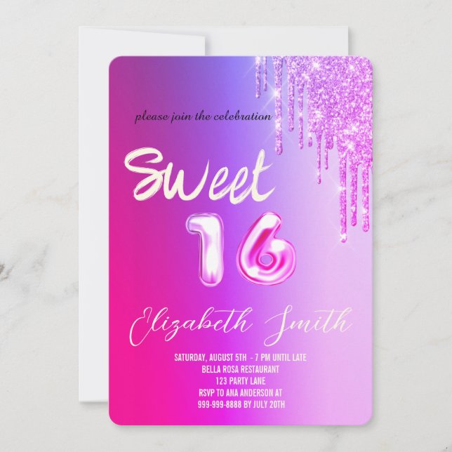 Invitation Doux parties scintillant de rougeur or 16 roses (Devant)