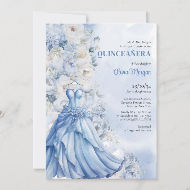 Invitation Doux poudre bleu floral Robe Formelle Quinceañera (Devant)