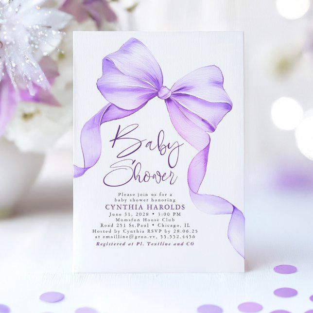 Invitation Doux pourpre Bow mignon Baby shower élégant (Purple Bow Baby Shower Invitation)