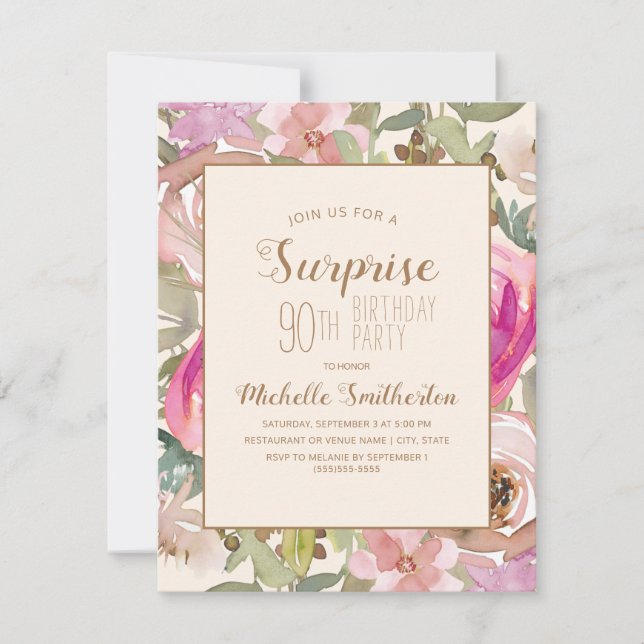 Invitation Doux rose pourpre Floral Surprise 90e anniversaire (Devant)