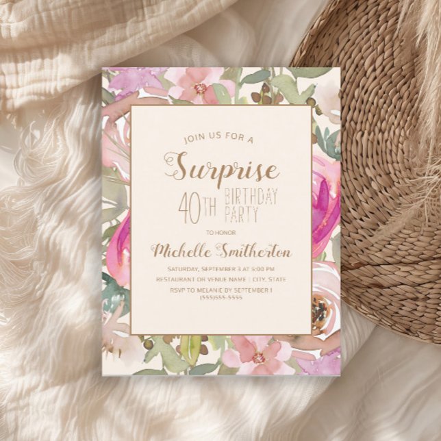 Invitation Doux rose violet Floral Surprise 40e anniversaire (Pink watercolor floral and sage green leaves surprise 40th birthday party invitation)