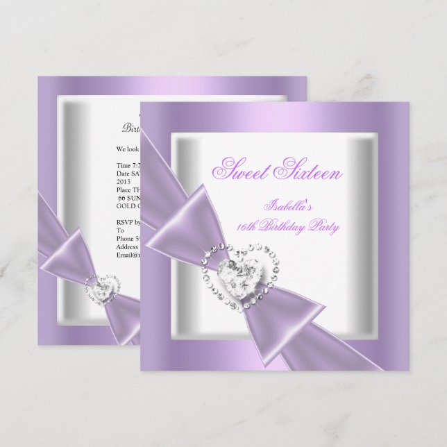 Invitation Doux Sweet sixteen 16 Partie Lilac Blanc (Devant / Derrière)