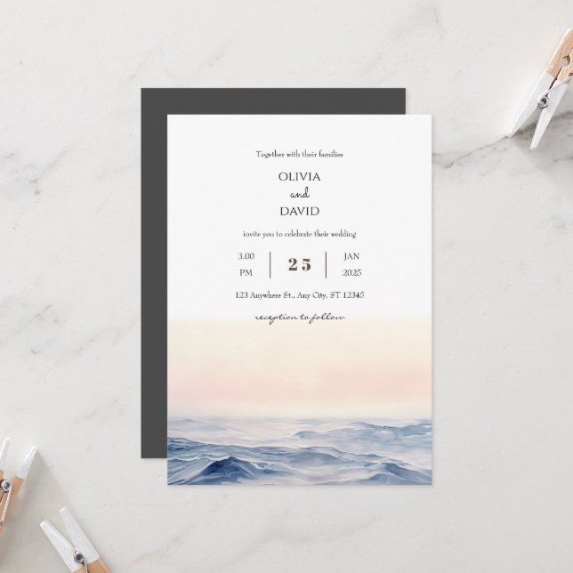 Invitation Doux vagues d'océan rose à Dawn Beach Wedding (Devant/Arrière en situation)