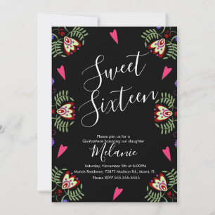 Invitation Douze ans sucrés Fête mexicaine Fleur de cœur noir