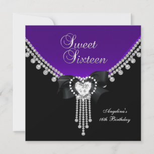 Invitation Douze ans tout juste 16 Fête Noir Violet Diamant