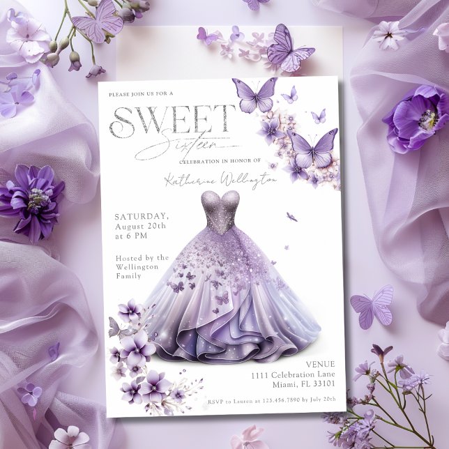 Invitation Douze Fleurs de Lilas Violettes Papillons pour les (Sweet 16 Sixteen Purple Lilac Floral Butterflies Invitation)