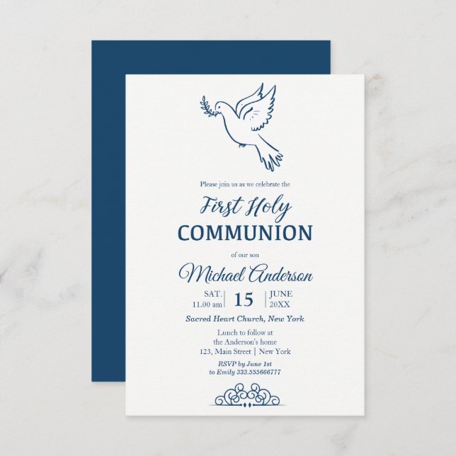 Invitation Dove First Communion Blu Elegant (Devant / Derrière)