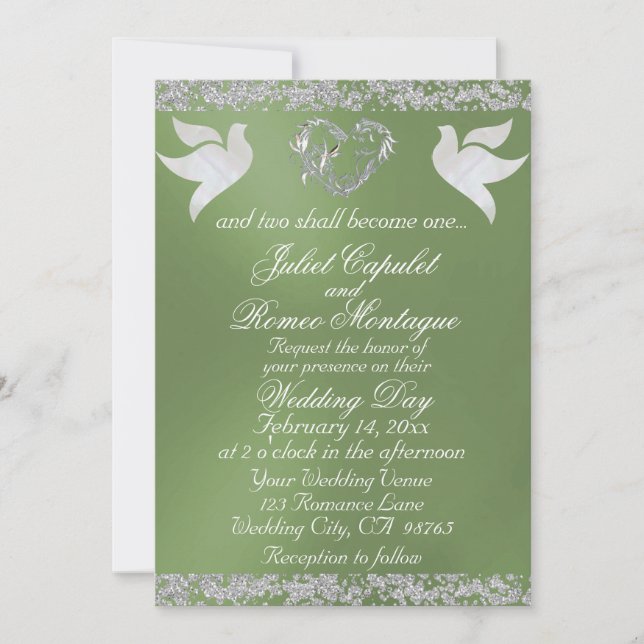 Invitation Dove, Silver Heart & Glitter, QR Code - Sage (Devant)