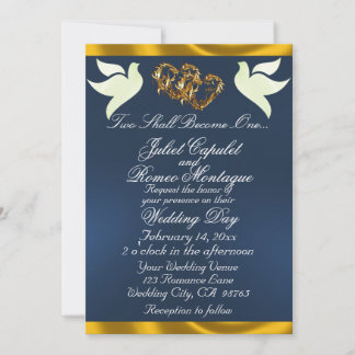 Invitation Doves, Hearts & Ribbon, QR Code - Blue/Gold