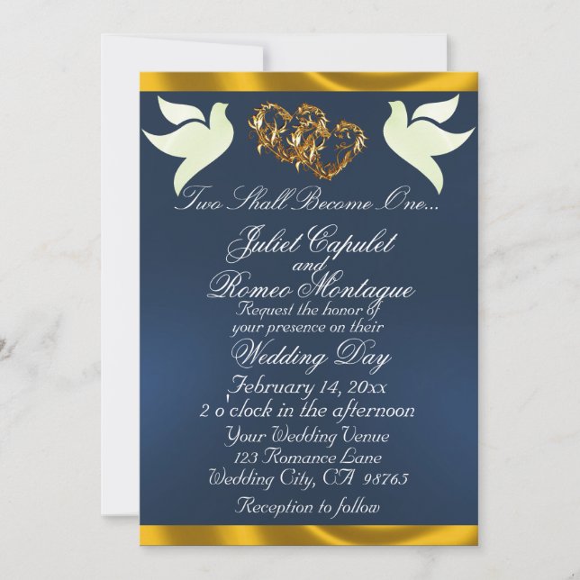Invitation Doves, Hearts & Ribbon, QR Code - Blue/Gold (Devant)