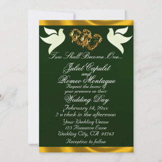 Invitation Doves, Hearts & Ribbon, QR Code - Emerald/Gold