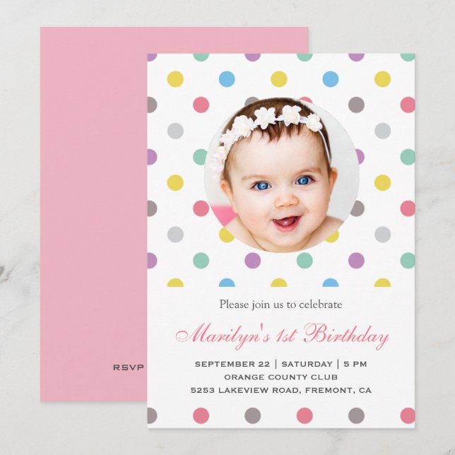 Invitation d'Pois colorés pour le premier annivers (Devant / Derrière)