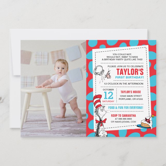 Invitation Dr. Seuss Chat dans le Casquette Anniversaire Ajou (Devant)