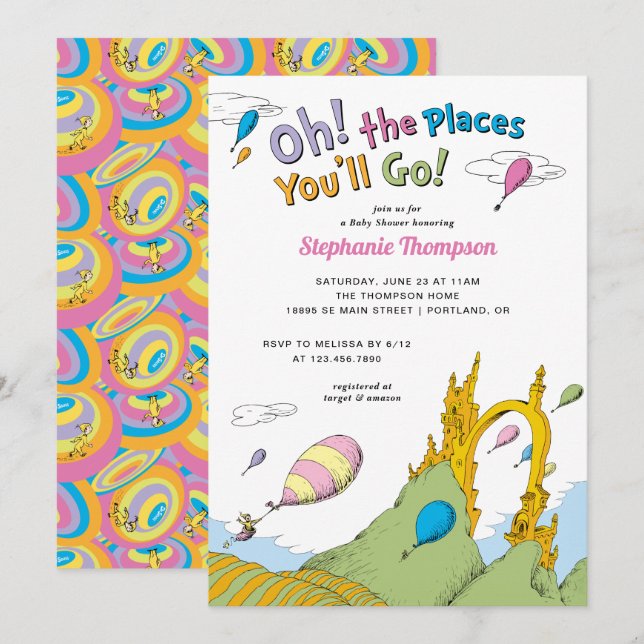 Invitation Dr. Seuss - Oh, les endroits où tu iras Baby showe (Devant / Derrière)