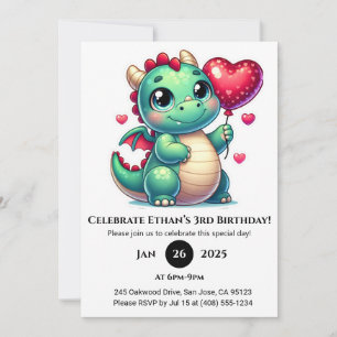 Invitation Dragon Bébé Vert avec Ballons Coeur Anniversaire