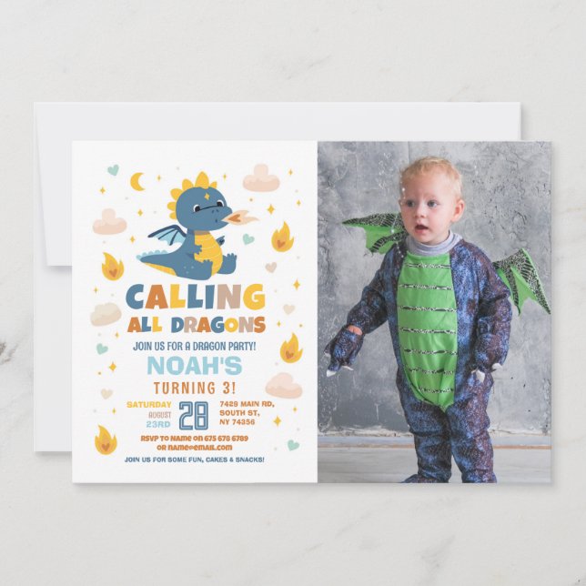 Invitation Dragon Birthday Party Blue Fire Dragons Boys Photo (Devant)