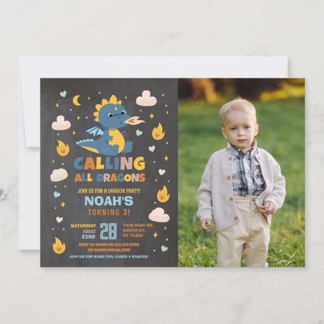 Invitation Dragon Birthday Party Blue Photo Dragons Boy Chalk (Devant)