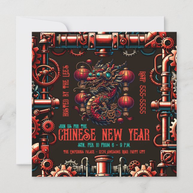 Invitation Dragon chinois de Nouvel An Steampunk (Devant)