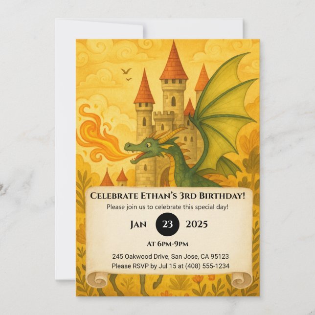 Invitation Dragon classique et Chevalier Fairytale Scène Anni (Devant)