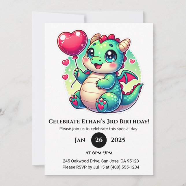 Invitation Dragon de bébé doux avec ballon de coeur Anniversa (Devant)