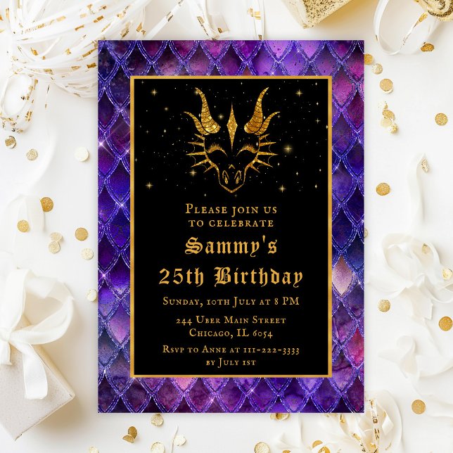 Invitation Dragon d'or avec Balances violettes fête d'anniver (Créateur téléchargé)