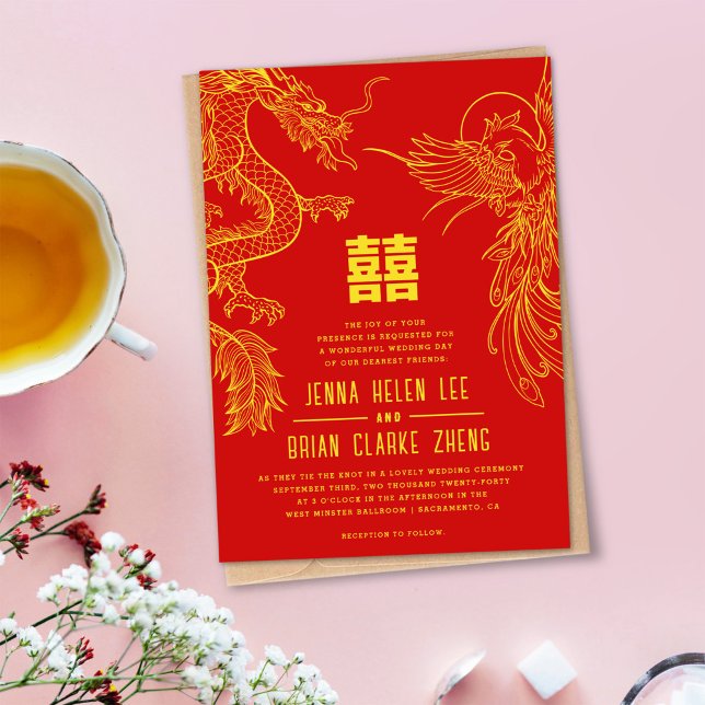 Invitation Dragon et Phoenix Double Bonheur Or+Rouge (Créateur téléchargé)