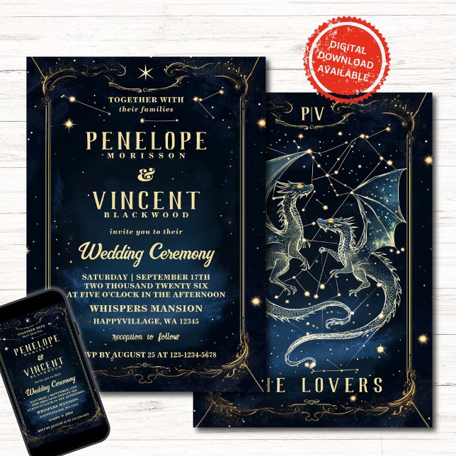 Invitation Dragon Love écrit en étoiles | Mariage Tarot (Créateur téléchargé)
