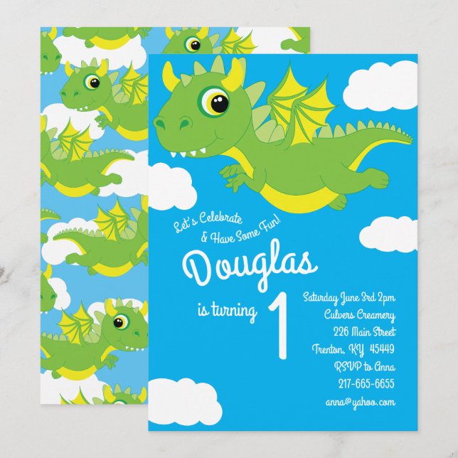 Invitation Dragon Magique 1er anniversaire de mignonnes invit (Devant / Derrière)