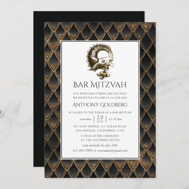 Invitation Dragon noir et or thème Bar Mitzvah (Devant / Derrière)
