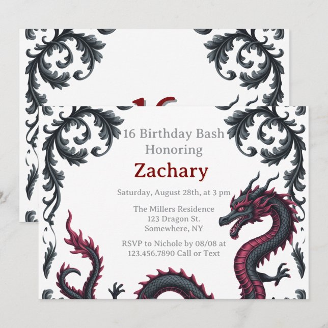 Invitation Dragon noir fantaisiste damassé pour fête des 16 a (Devant / Derrière)
