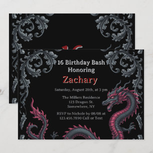 Invitation Dragon noir fantaisiste en damassé rouge pour une 