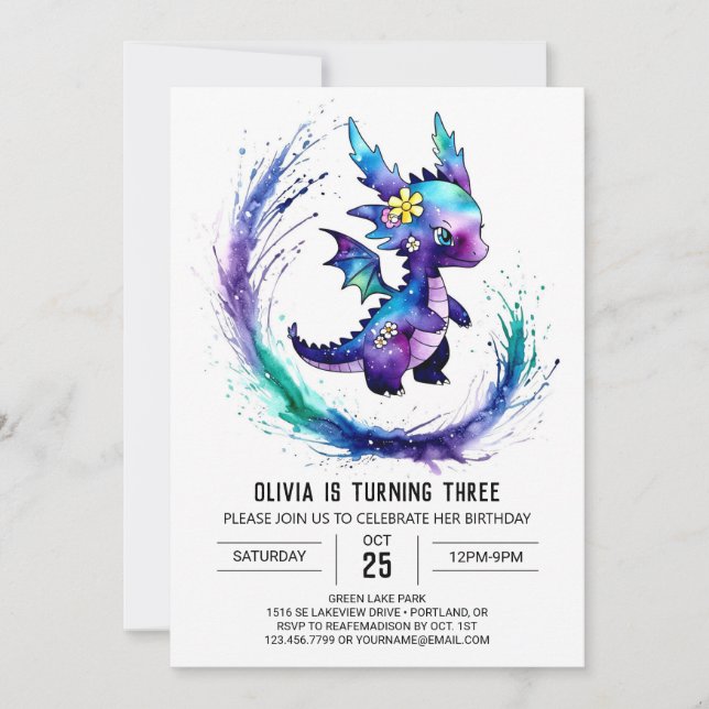 Invitation Dragon Personnalisé Peint Digital Girl Anniversair (Devant)