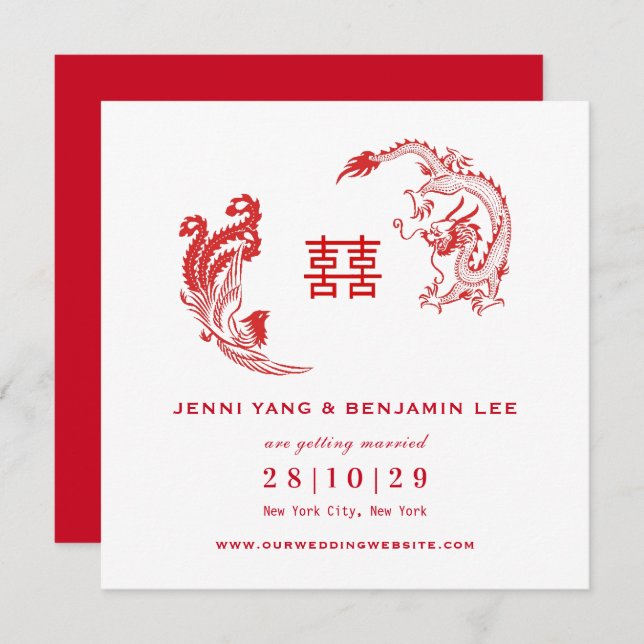 Invitation Dragon-Phoenix Mariage Chinois Enregistrer La Date (Devant / Derrière)