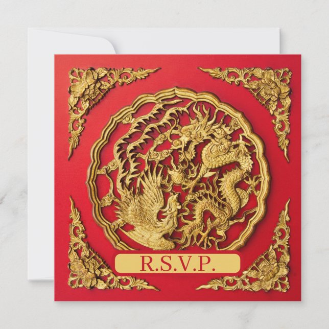 Invitation Dragon Phoenix Red Gold Chinese Wedding RSVP (Devant)