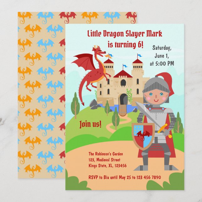 Invitation Dragon Slayer Knight Boy fête d'anniversaire (Devant / Derrière)