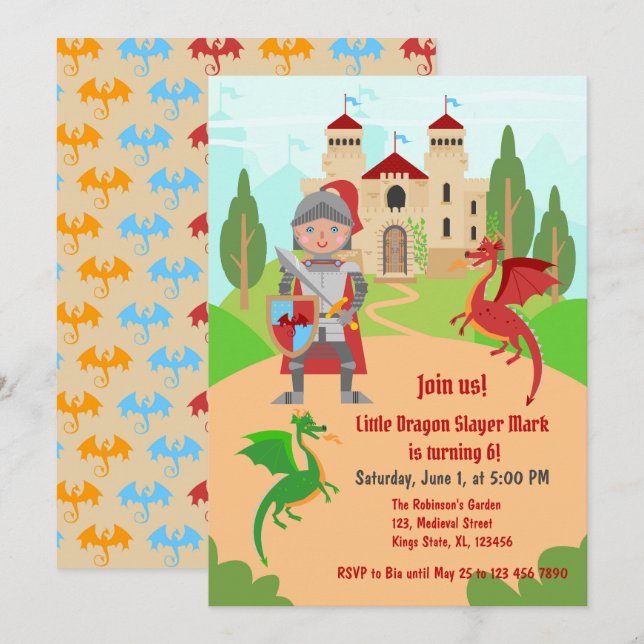 Invitation Dragon Slayer Knight Boy fête d'anniversaire (Devant / Derrière)