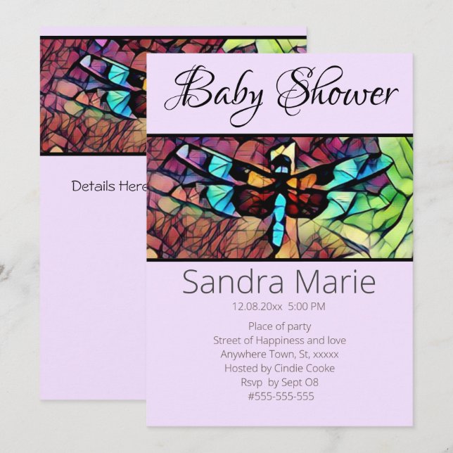 Invitation Dragonfly Blue Turquoise Aqua Baby shower noir (Devant / Derrière)