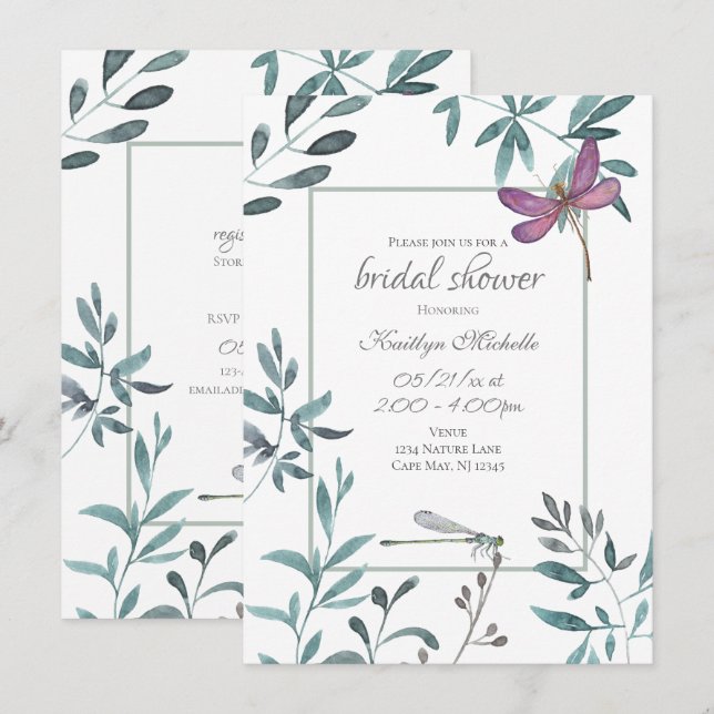 Invitation Dragonfly Garden Green sur la Fête des mariées bla (Devant / Derrière)