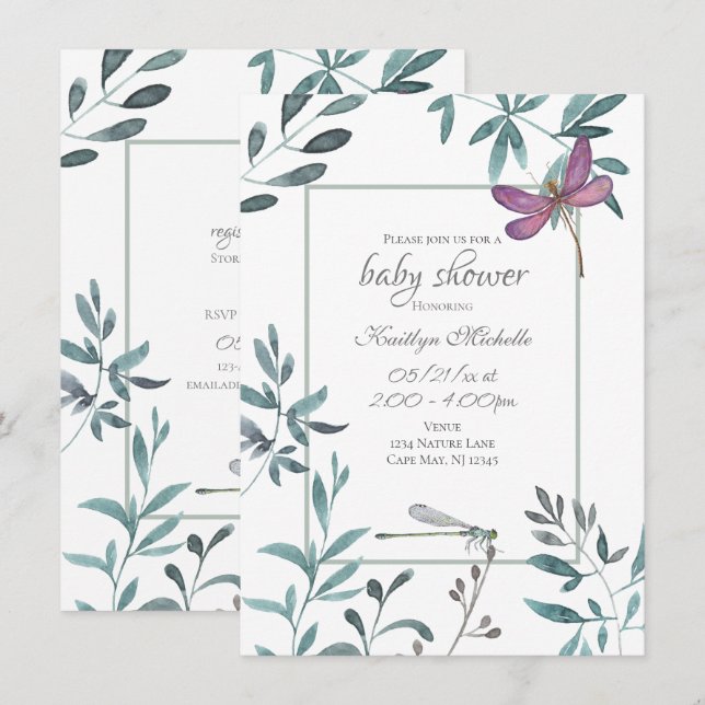 Invitation Dragonfly Garden Green sur le Baby shower blanc (Devant / Derrière)