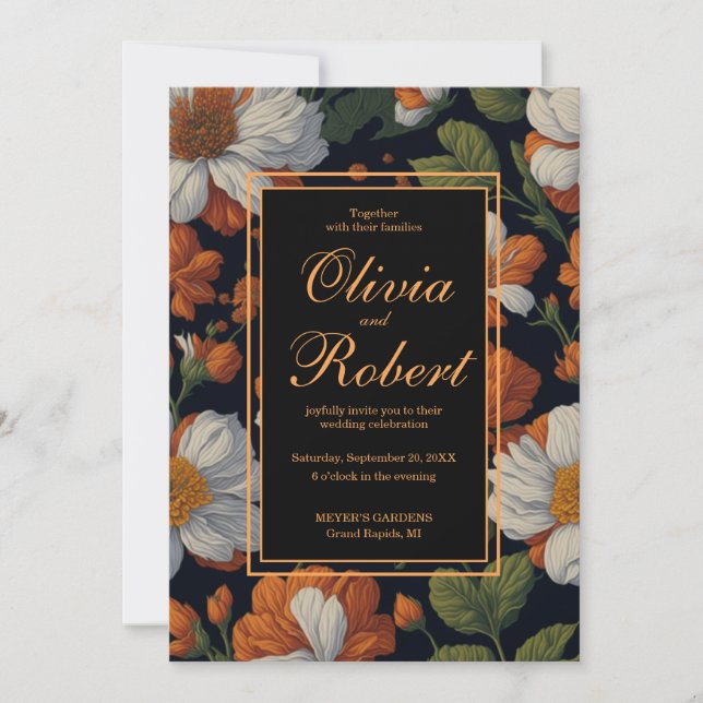 Invitation Dramatique Orange blanc élégant fleurs rétro (Devant)