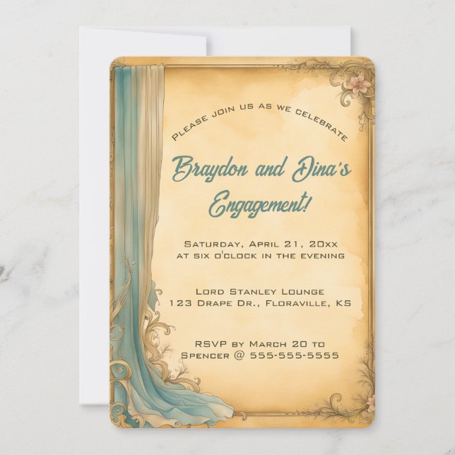 Invitation Drapé bleu et fleurs modifiables (Devant)