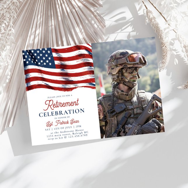 Invitation Drapeau américain 4 juillet Armée photo retraite (Créateur téléchargé)