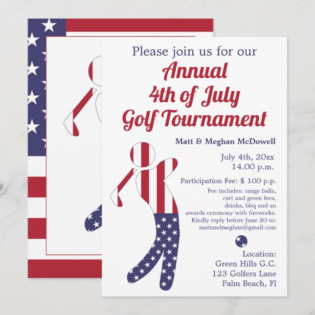 Invitation Drapeau américain | 4th of July Golf Tournament In (Devant / Derrière)