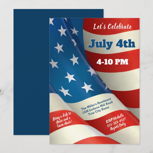 Invitation Drapeau américain agitant Juillet 4 (Devant / Derrière)