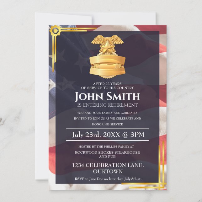Invitation Drapeau américain | Badge Shield Military Retireme (Devant)